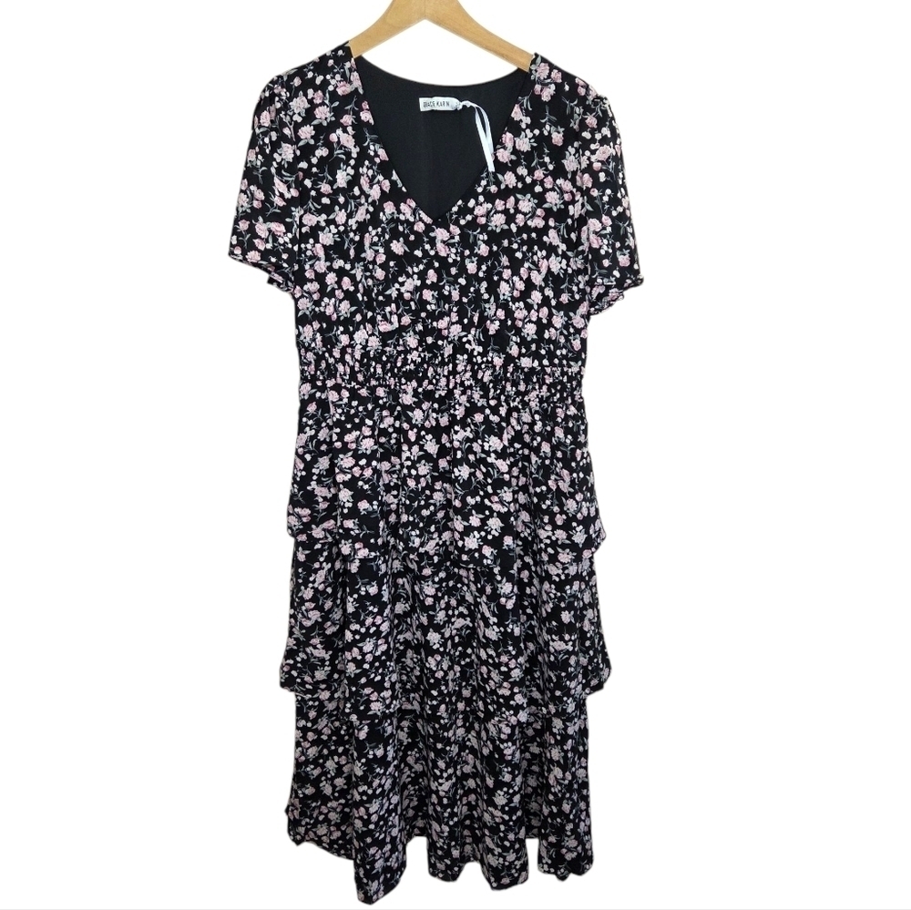 Grace Karin Black Pink Floral Tiered Short Sleeve Midi Dress Size XL
